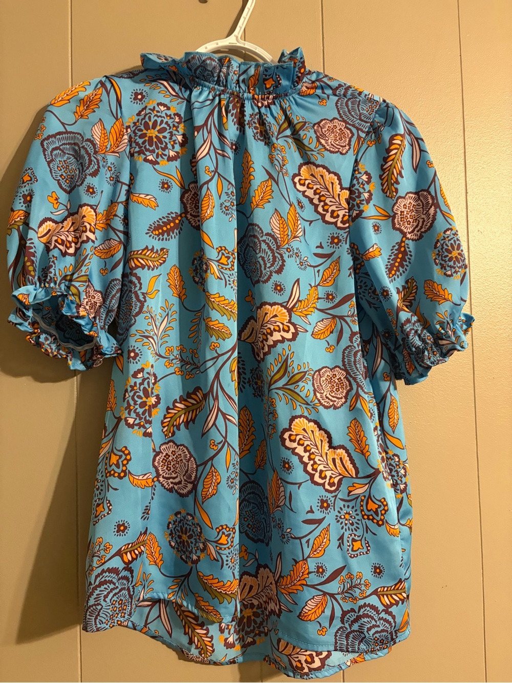entro Blue Floral Puff-Sleeve Tunic with Yellow Accents